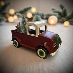 Vintage Look Red Metal Toy Farm Truck with Christmas Decor